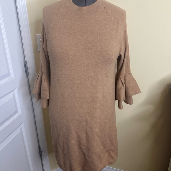Anthropologie Claudette Ruffle Sleeve Sweater Dress tan with gold fleck - Picture 4 of 10